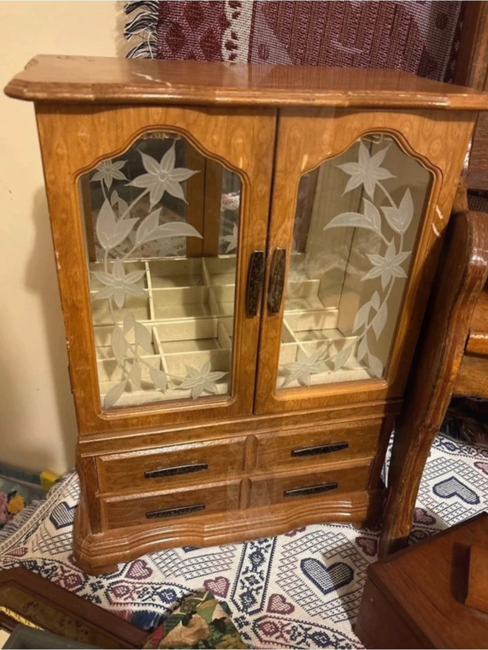 Vintage Wood Grain Jewelry Armoire Cabinet in Brown